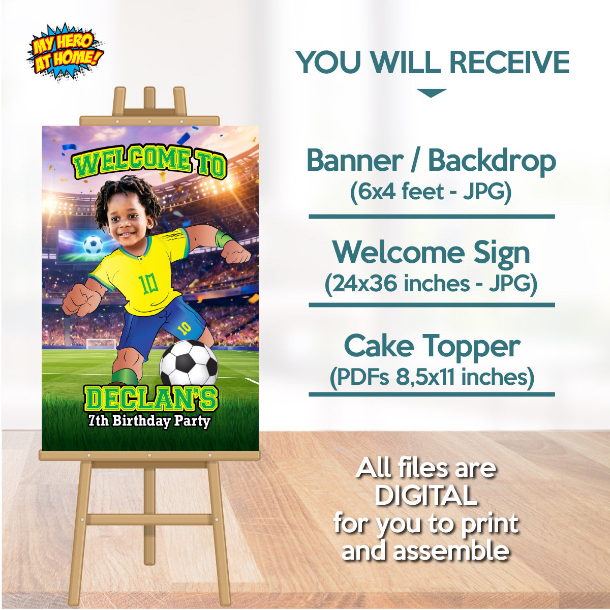 Custom Brazil Soccer party Bundle with photo: backdrop, cake topper, welcome sign. 2459B4