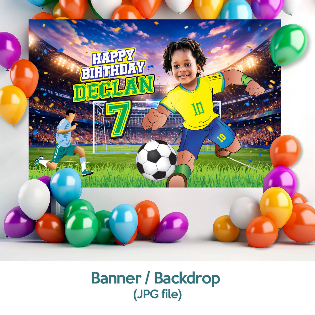 Custom Brazil Soccer party Bundle with photo: backdrop, cake topper, welcome sign. 2459B4