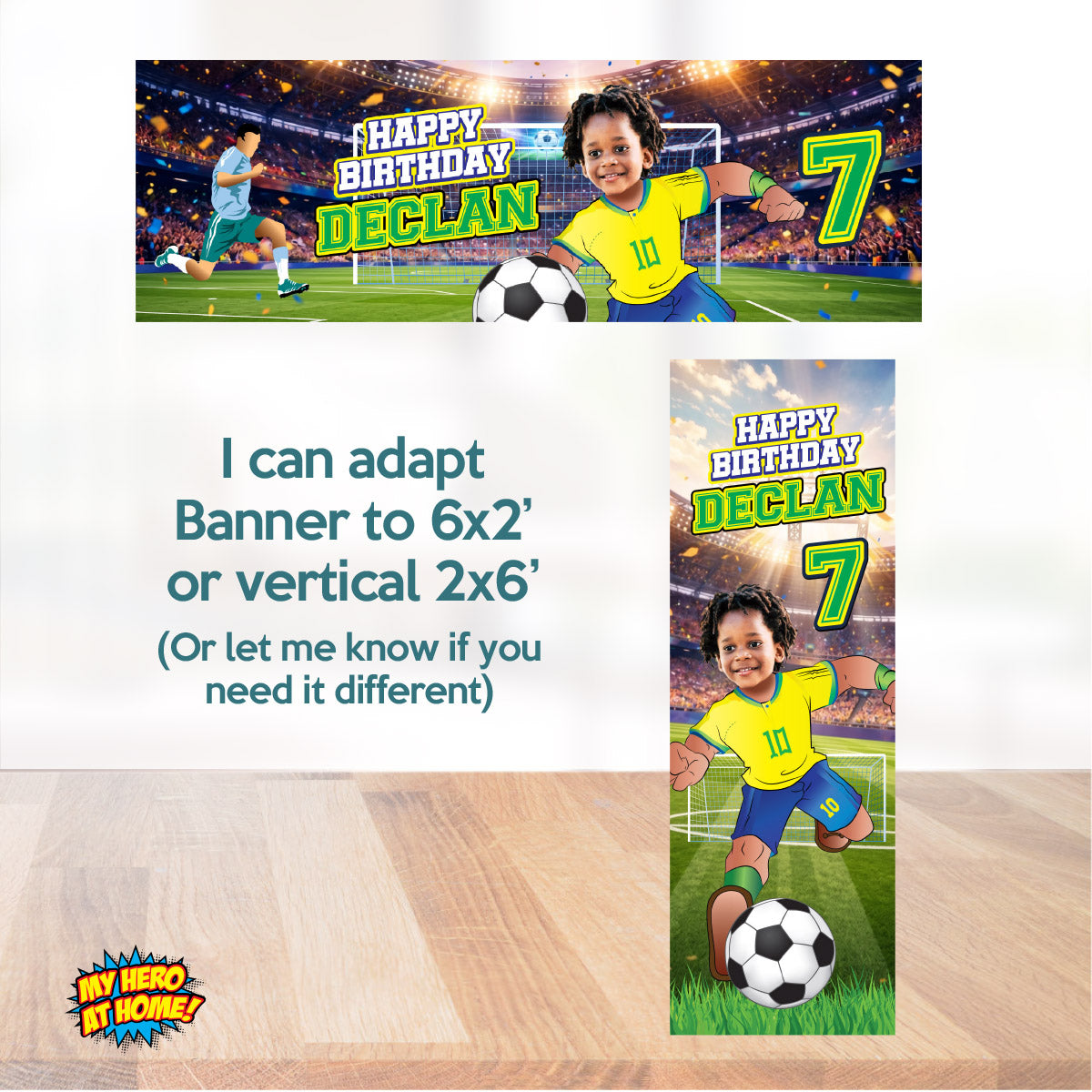Custom Brazil Soccer party Bundle with photo: backdrop, cake topper, welcome sign. 2459B4