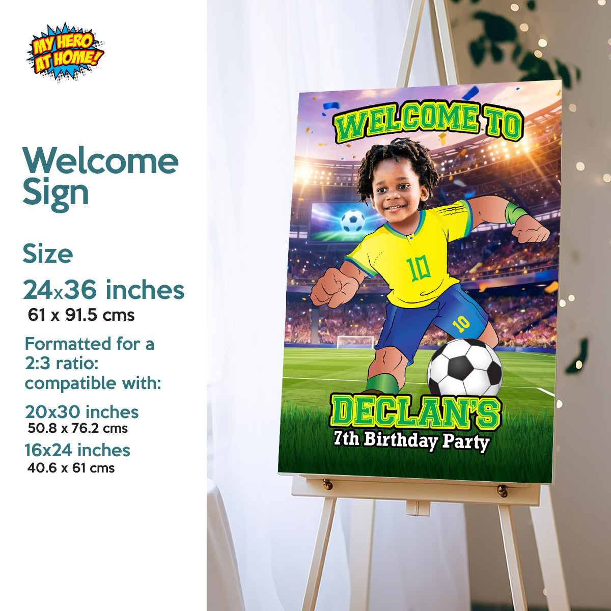 Custom Brazil Soccer party Bundle with photo: backdrop, cake topper, welcome sign. 2459B4