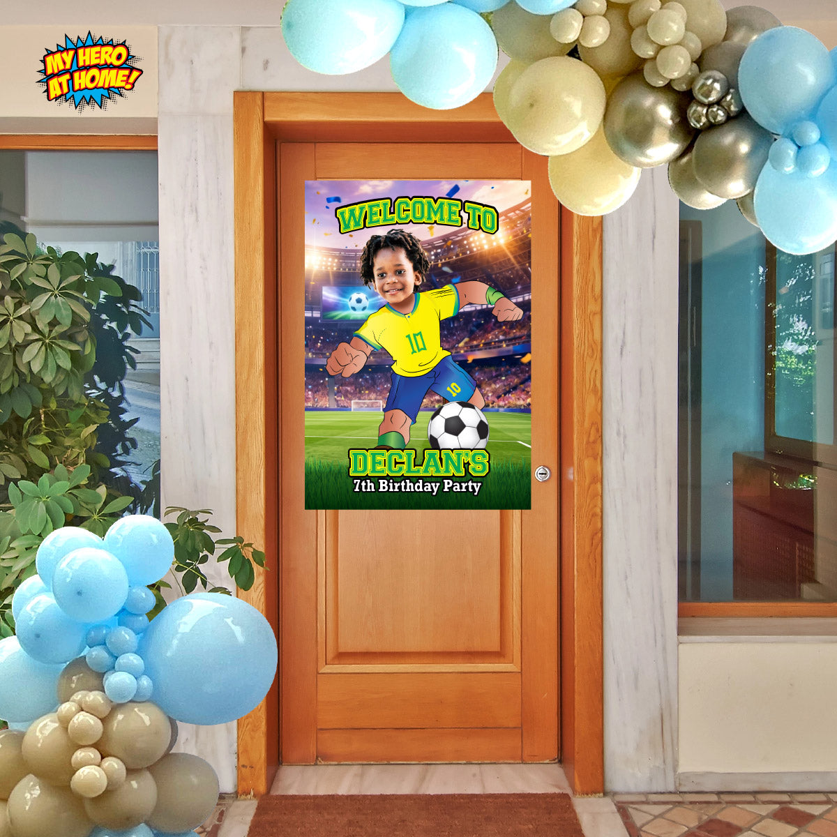 Custom Brazil Soccer party Bundle with photo: backdrop, cake topper, welcome sign. 2459B4