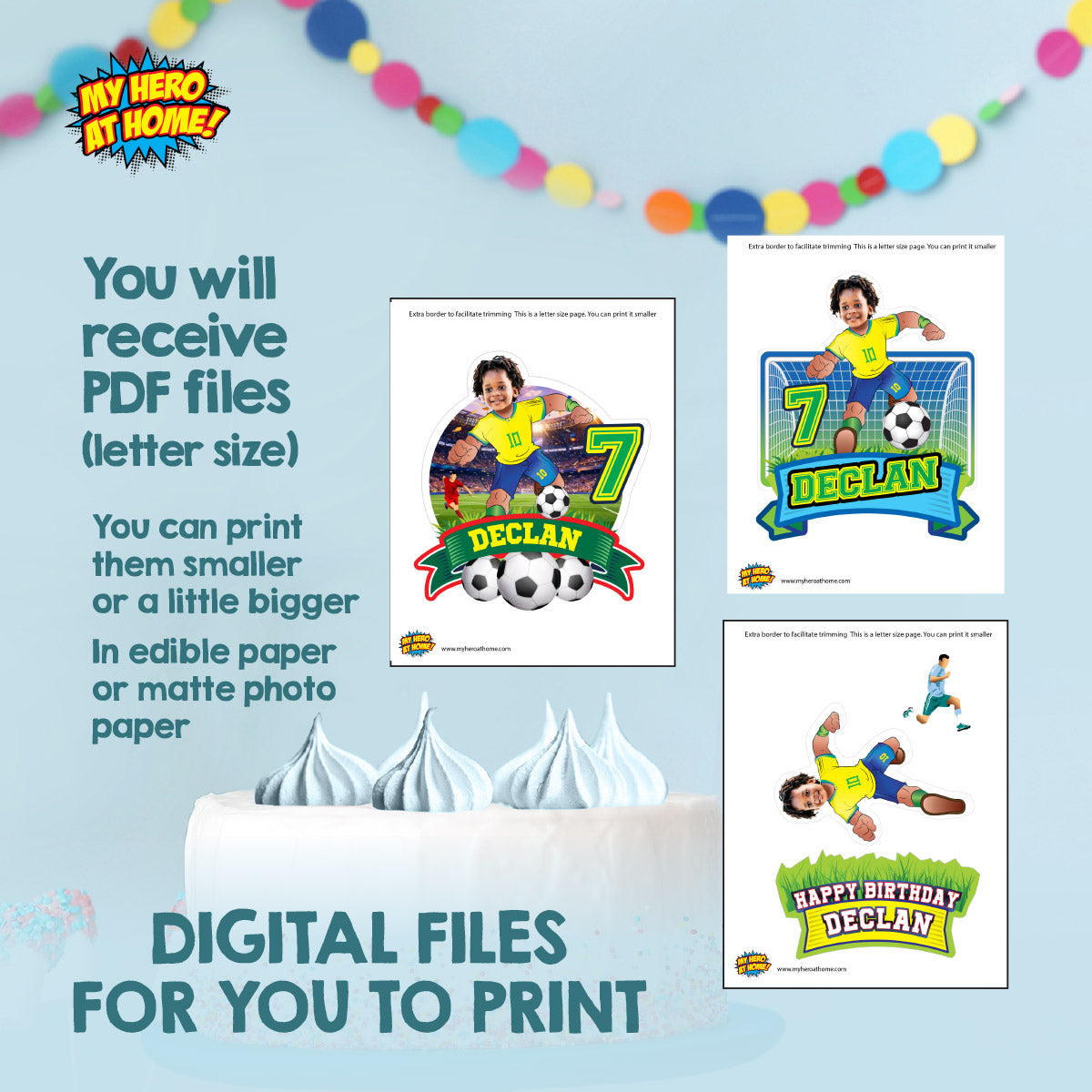 Custom Brazil Soccer party Bundle with photo: backdrop, cake topper, welcome sign. 2459B4