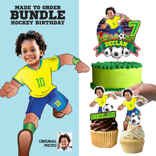 Brazil Soccer Matching Cake and Cupcake Toppers Bundle with birthday kid as the star. 2459B5