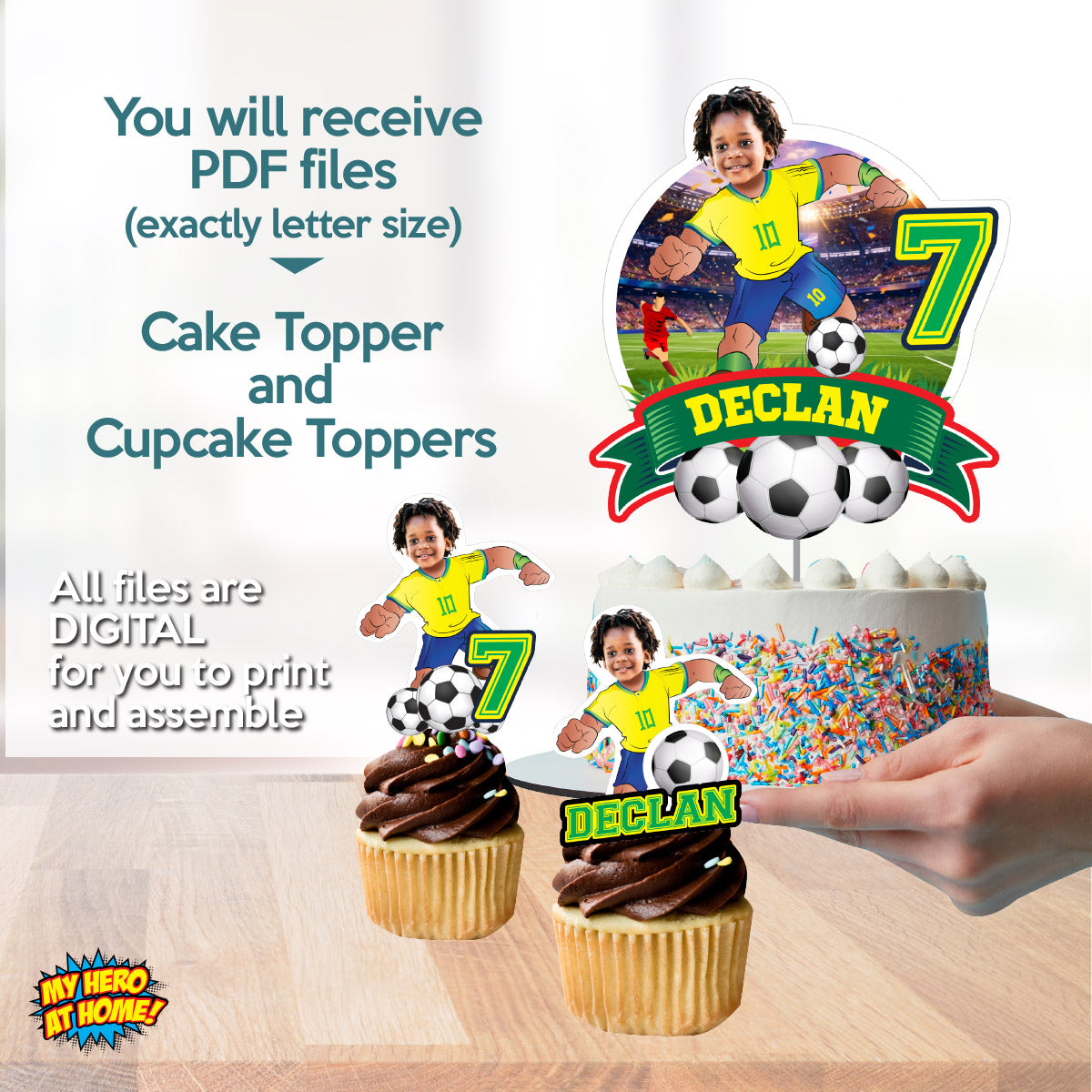 Brazil Soccer Matching Cake and Cupcake Toppers Bundle with birthday kid as the star. 2459B5