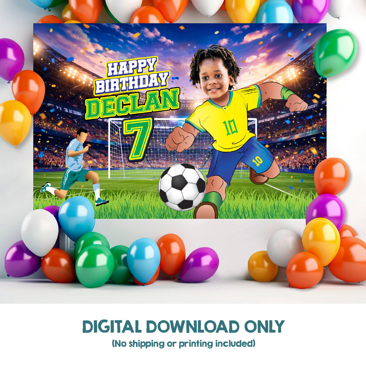 Brazil Soccer Birthday Backdrop with kid as favorite player, Futbol Brasil banner. 2459BB