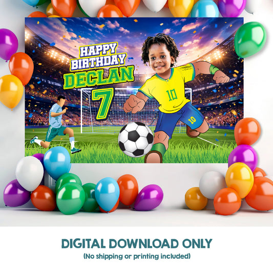 Brazil Soccer Birthday Backdrop with kid as favorite player, Futbol Brasil banner. 2459BB
