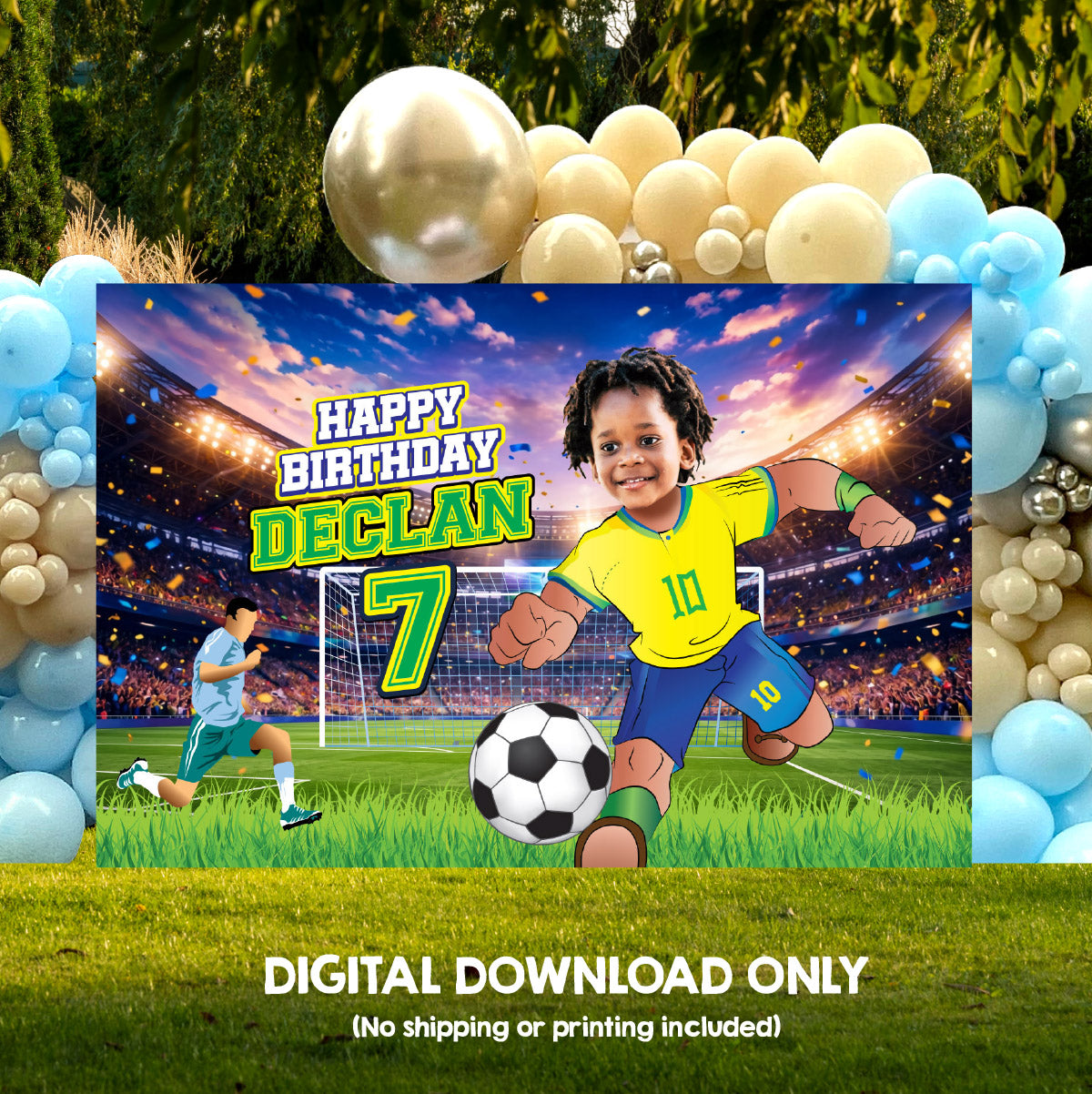 Brazil Soccer Birthday Backdrop with kid as favorite player, Futbol Brasil banner. 2459BB