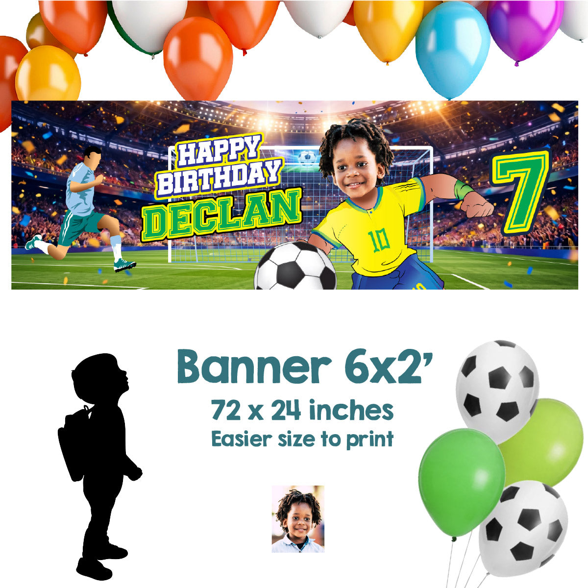 Soccer birthday banner with kid as his favorite Brazilian player (6x2', Soccer decor). 2459BBH