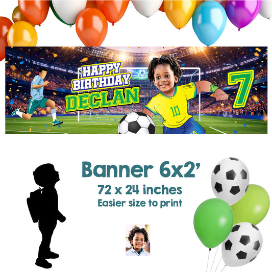 Soccer birthday banner with kid as his favorite Brazilian player (6x2', Soccer decor). 2459BBH