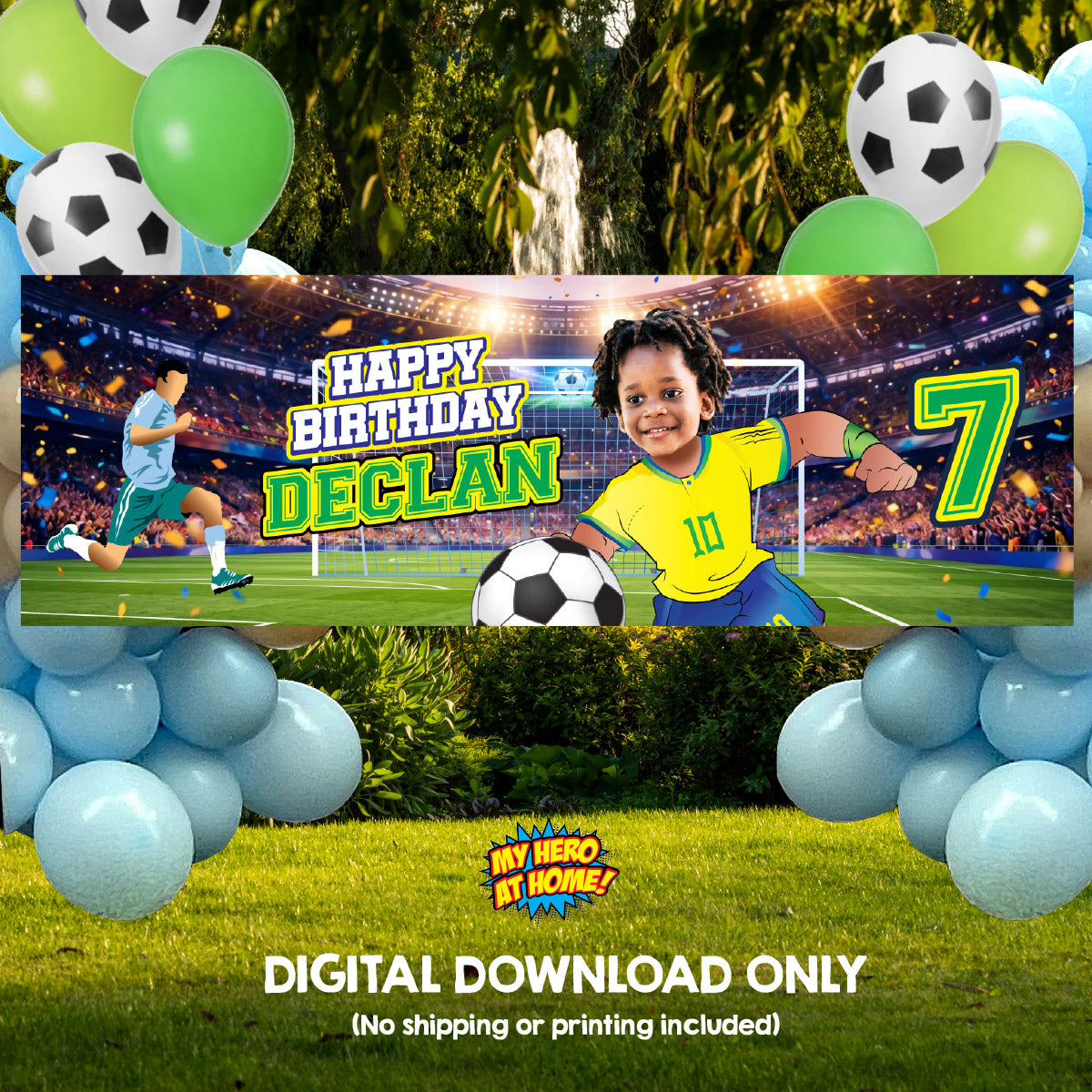 Soccer birthday banner with kid as his favorite Brazilian player (6x2', Soccer decor). 2459BBH