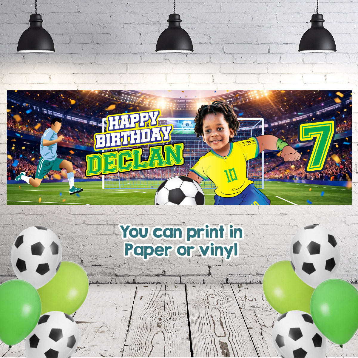 Soccer birthday banner with kid as his favorite Brazilian player (6x2', Soccer decor). 2459BBH
