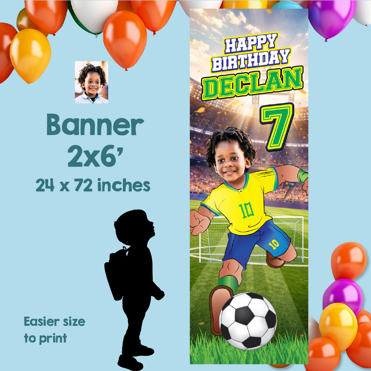 Soccer Brazil vertical birthday banner with kid as the star, Brazil football portrait (2x6', Rollup). 2459BBV