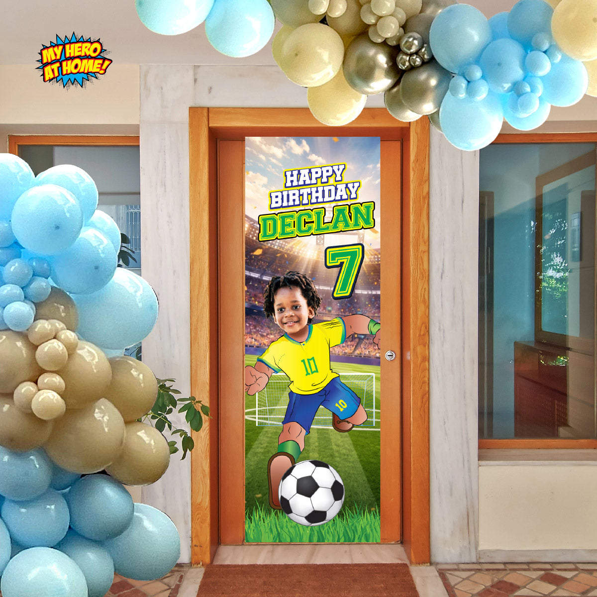 Soccer Brazil vertical birthday banner with kid as the star, Brazil football portrait (2x6', Rollup). 2459BBV