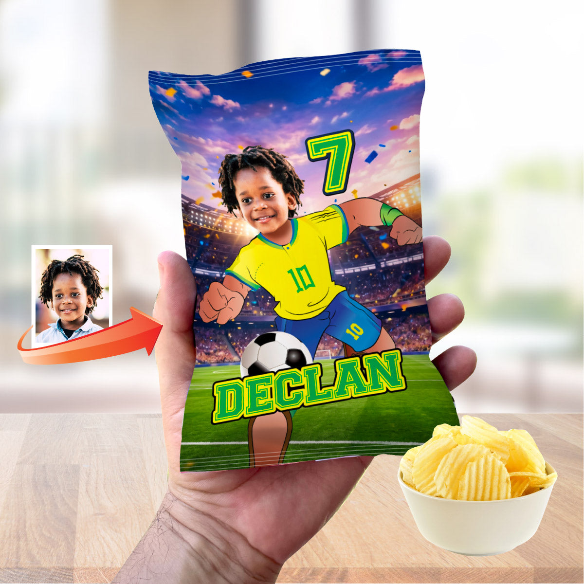 Matching birthday Bundle for a Brazil Soccer table Party, cake topper, water, Chips, boxes. 2459B1