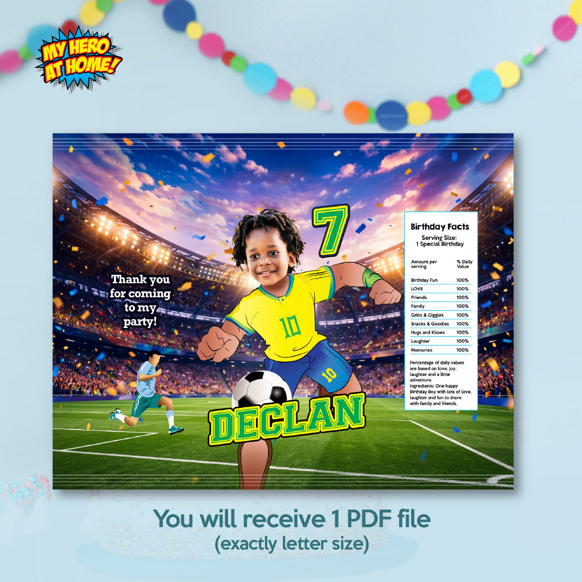 Matching birthday Bundle for a Brazil Soccer table Party, cake topper, water, Chips, boxes. 2459B1