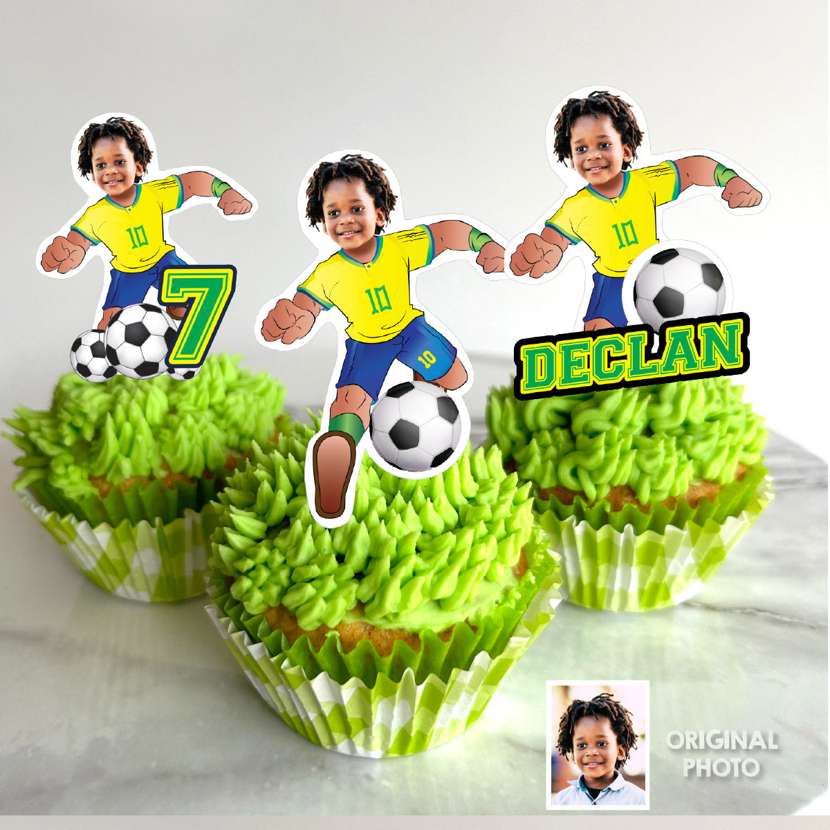 Personalized Soccer Brazil Team Cupcakes Toppers featuring birthday kid. 2459CK