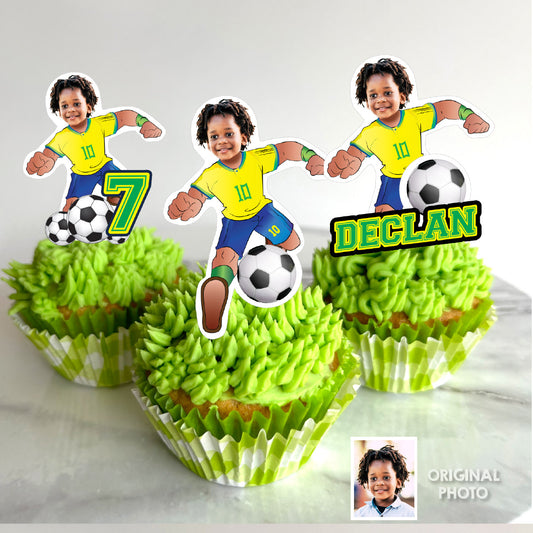 Personalized Soccer Brazil Team Cupcakes Toppers featuring birthday kid. 2459CK
