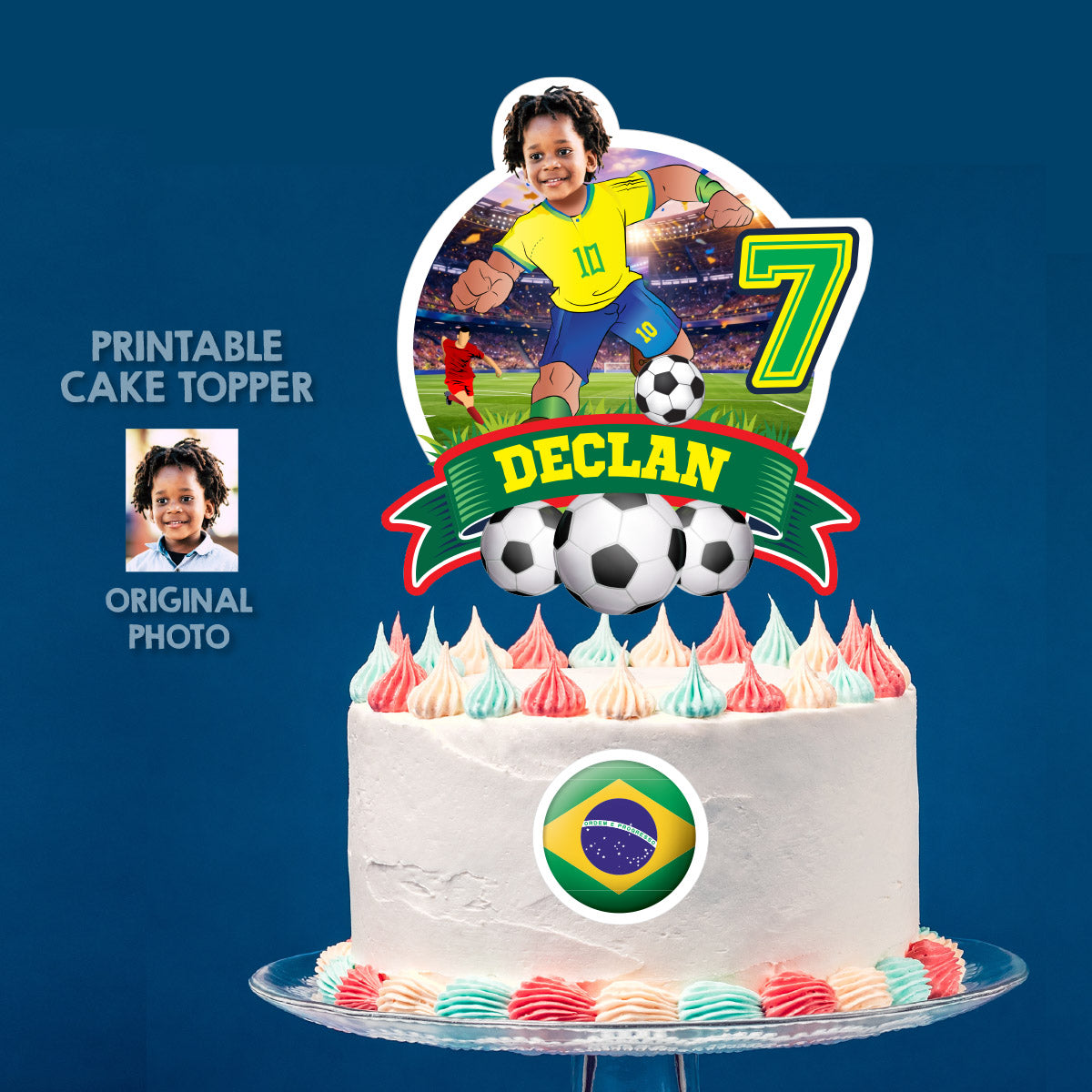Printable Brazil Soccer Cake topper with your kid as the star player. 2459CT1