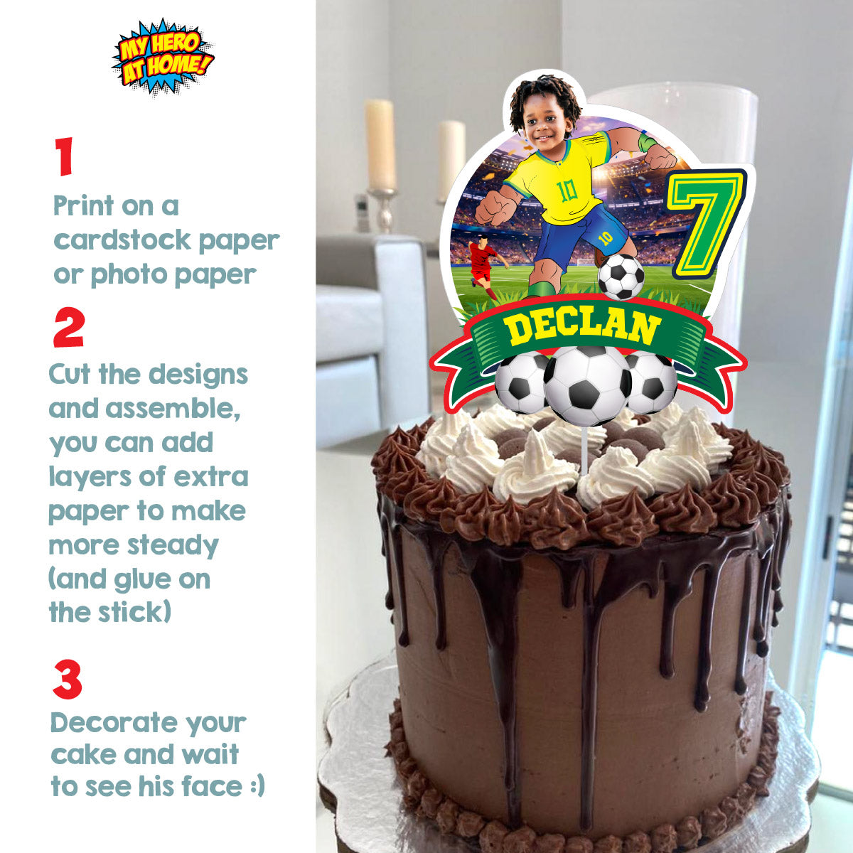 Printable Brazil Soccer Cake topper with your kid as the star player. 2459CT1