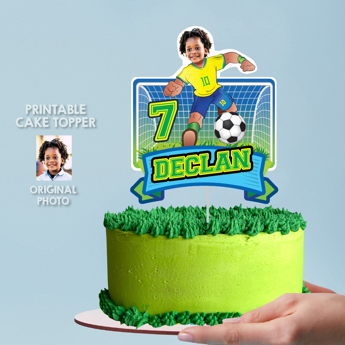 Soccer Brazil Cake Printable topper featuring birthday kid as the player. 2459CT2