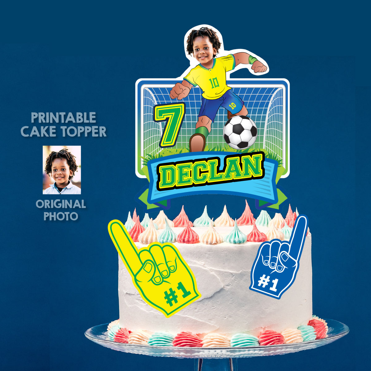 Soccer Brazil Cake Printable topper featuring birthday kid as the player. 2459CT2