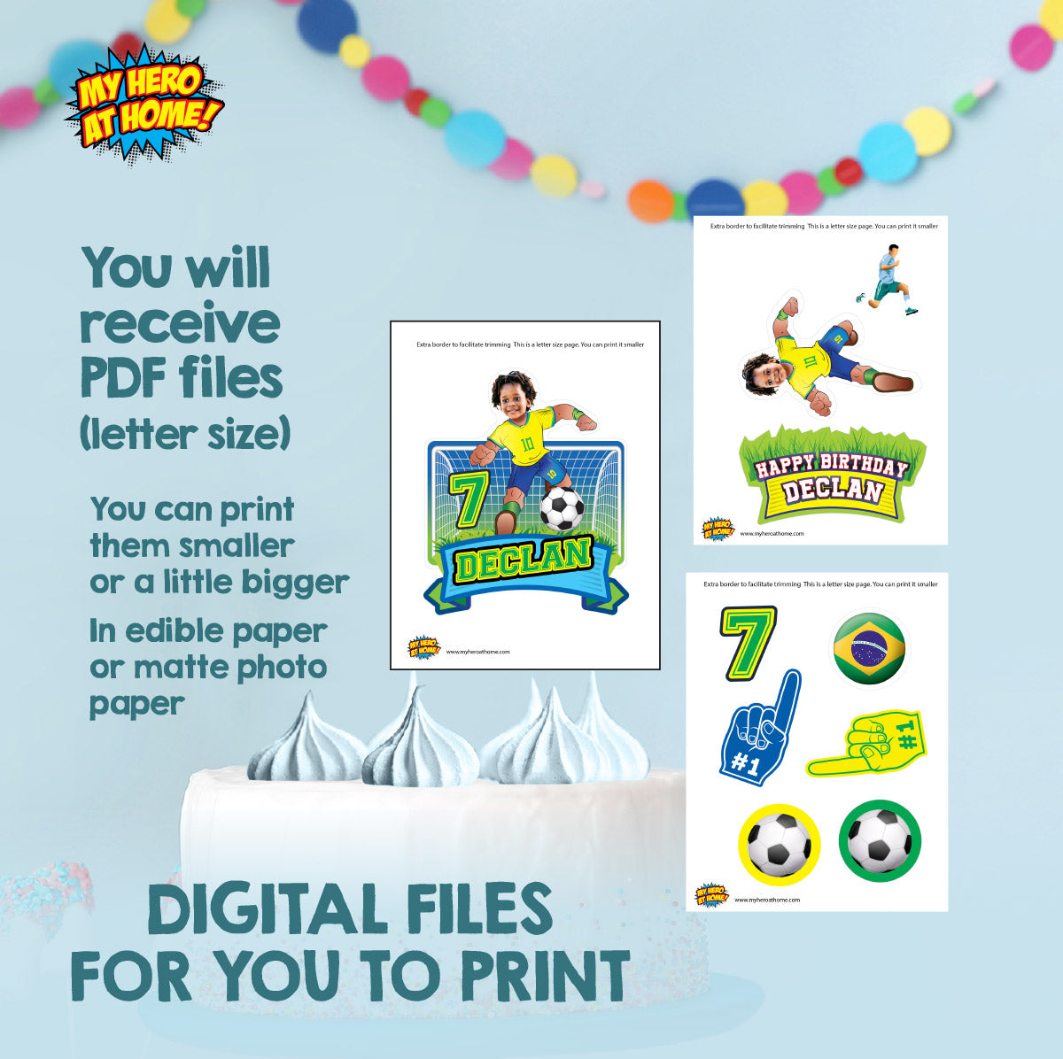 Soccer Brazil Cake Printable topper featuring birthday kid as the player. 2459CT2