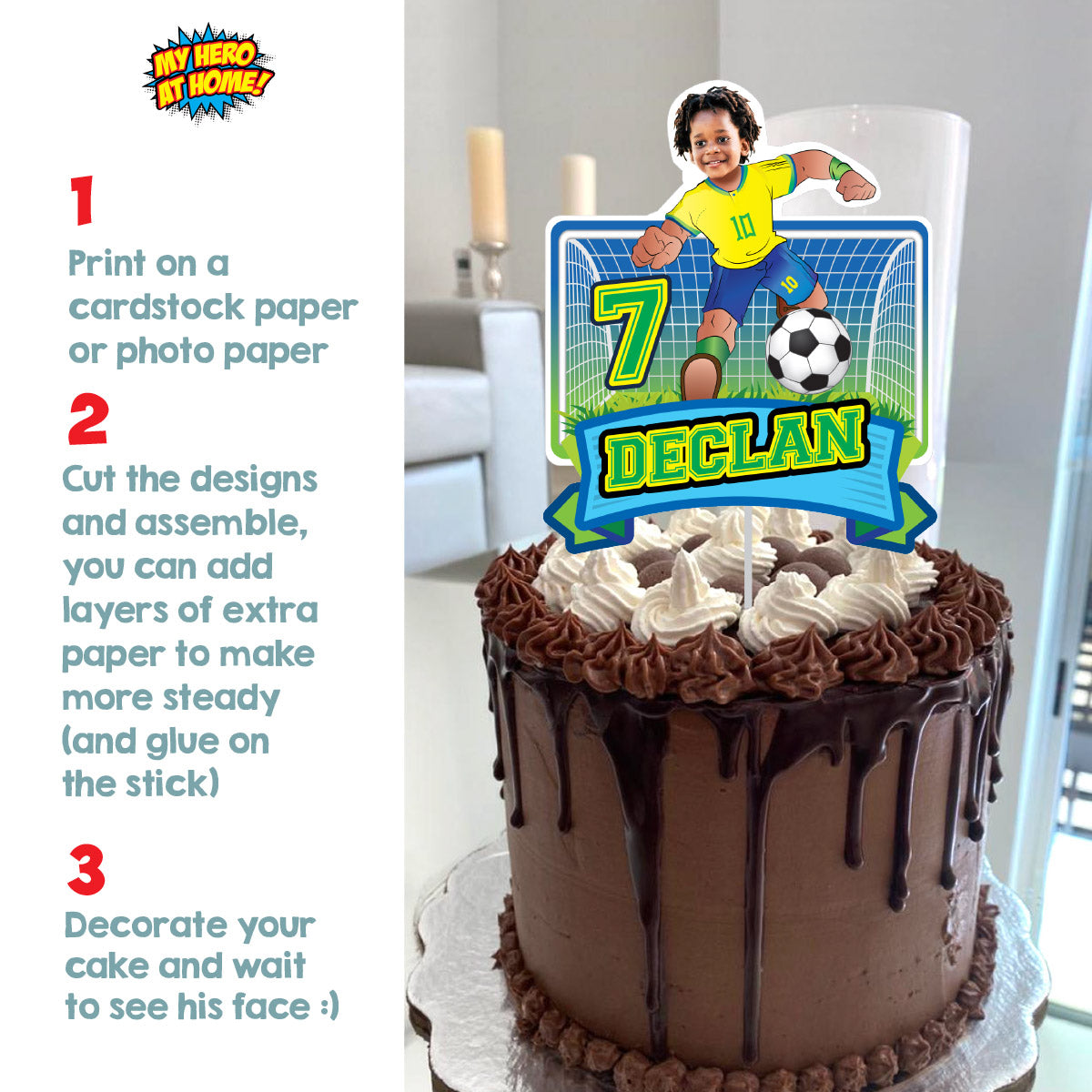 Soccer Brazil Cake Printable topper featuring birthday kid as the player. 2459CT2