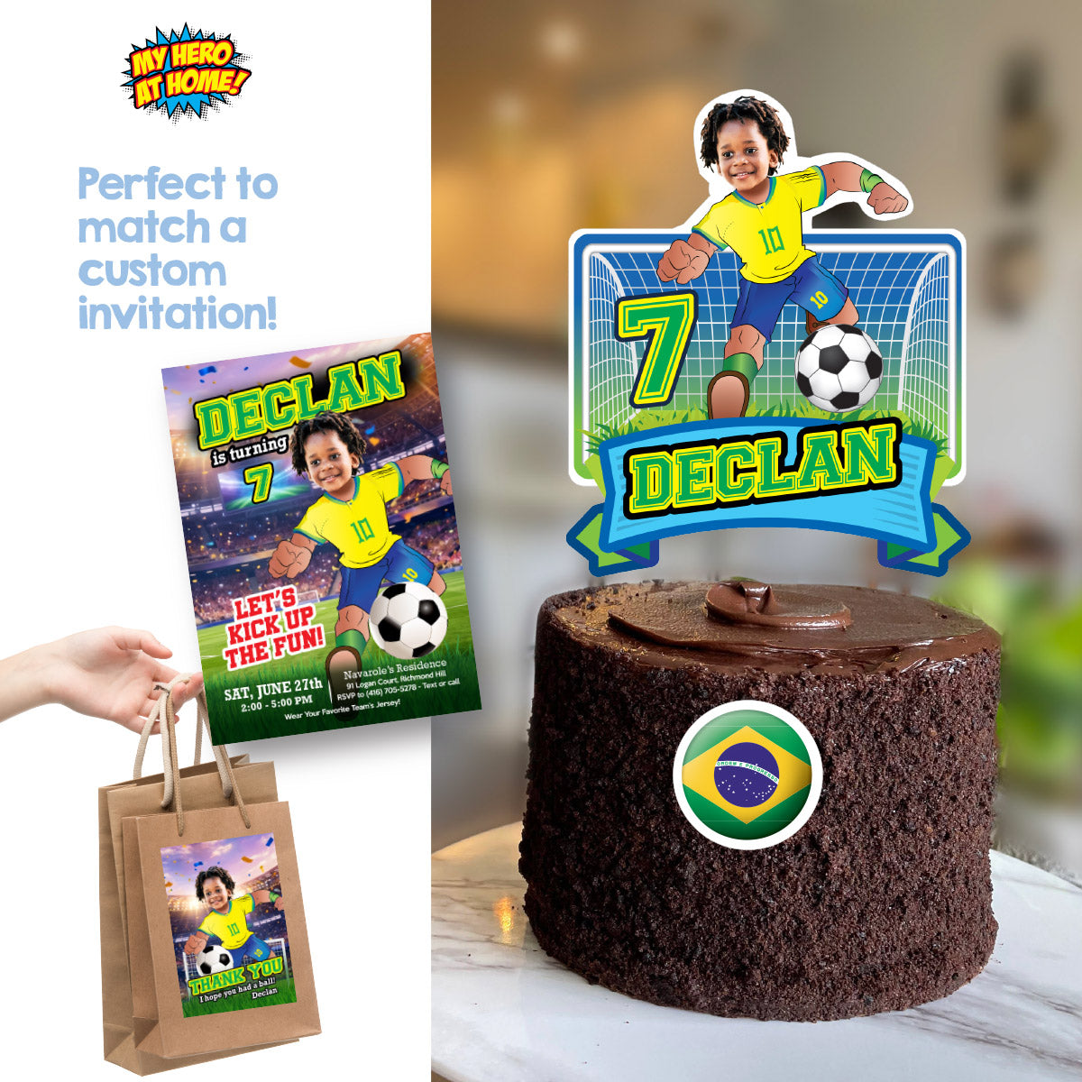 Soccer Brazil Cake Printable topper featuring birthday kid as the player. 2459CT2