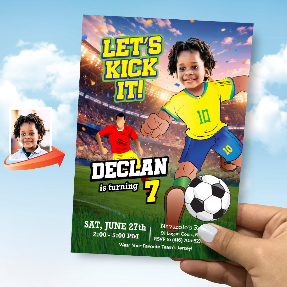 Custom Brazil Soccer Player birthday template with kid as the star player. 2459IN1
