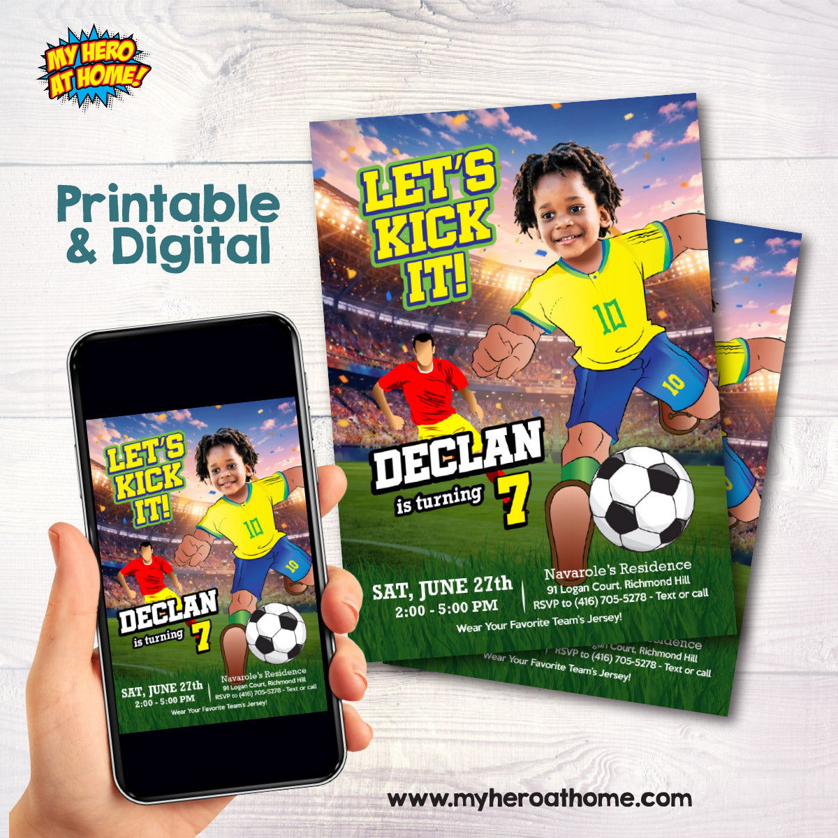 Custom Brazil Soccer Player birthday template with kid as the star player. 2459IN1