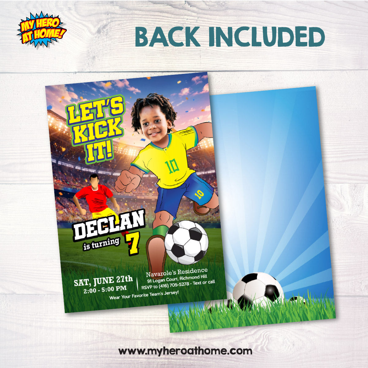 Custom Brazil Soccer Player birthday template with kid as the star player. 2459IN1