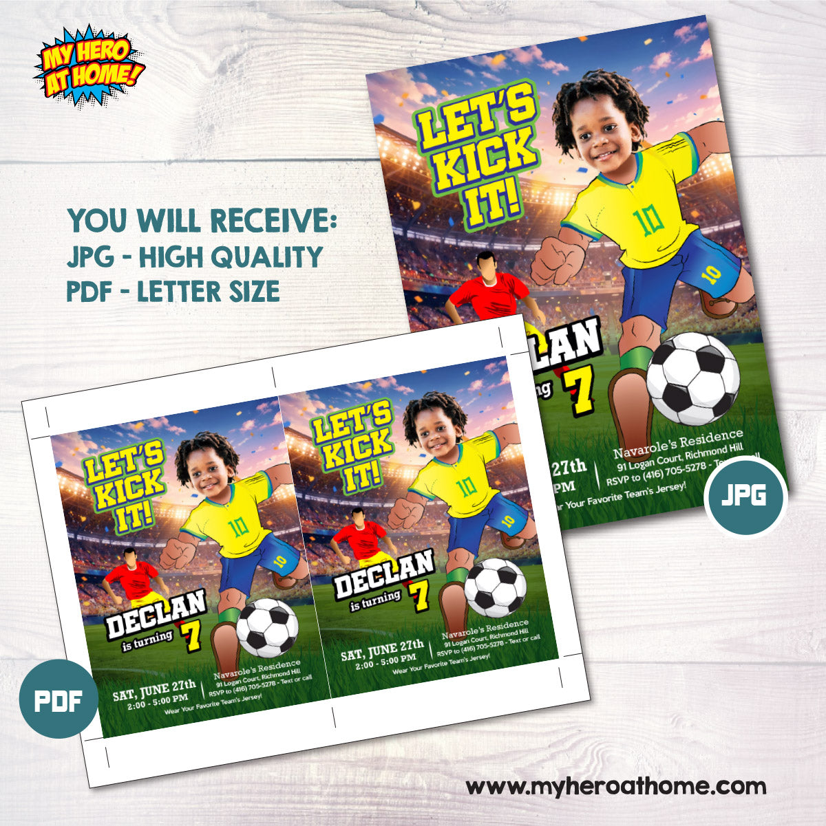 Custom Brazil Soccer Player birthday template with kid as the star player. 2459IN1