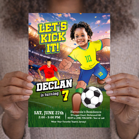 Custom Brazil Soccer Player birthday template with kid as the star player. 2459IN1