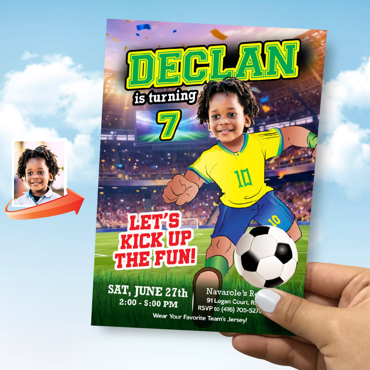 Brazil Soccer birthday Invitation with kid as the star player, Futbol Neymar template. 2459IN2