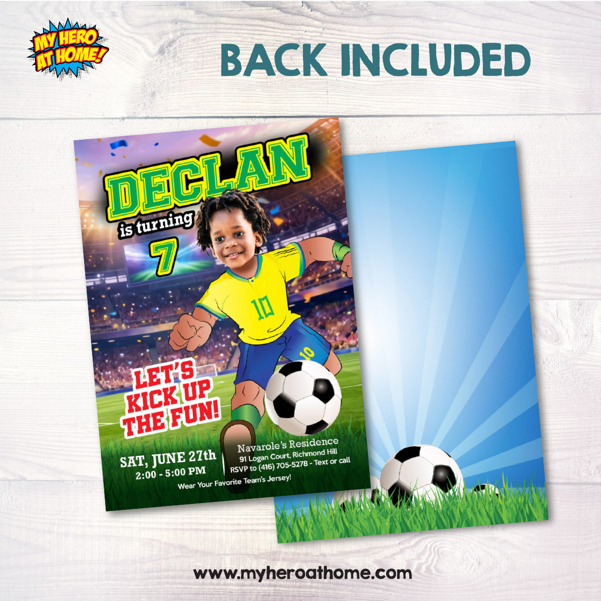 Brazil Soccer birthday Invitation with kid as the star player, Futbol Neymar template. 2459IN2