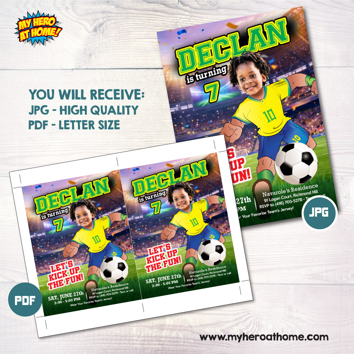 Brazil Soccer birthday Invitation with kid as the star player, Futbol Neymar template. 2459IN2