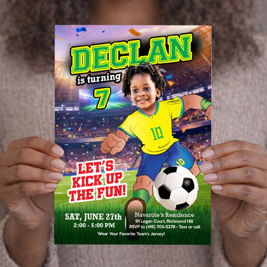 Brazil Soccer birthday Invitation with kid as the star player, Futbol Neymar template. 2459IN2