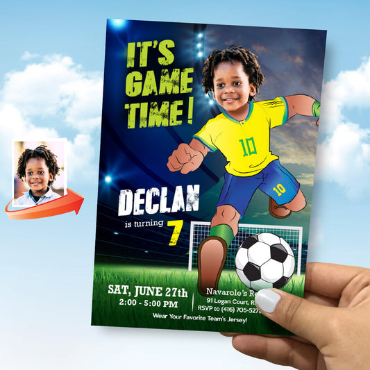 It's Game Time Brazil Soccer Party Invitation with child as the star player. 2459IN3