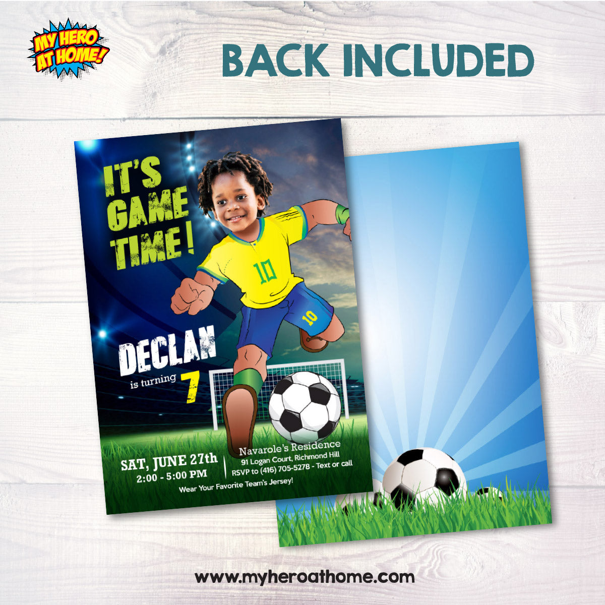 It's Game Time Brazil Soccer Party Invitation with child as the star player. 2459IN3