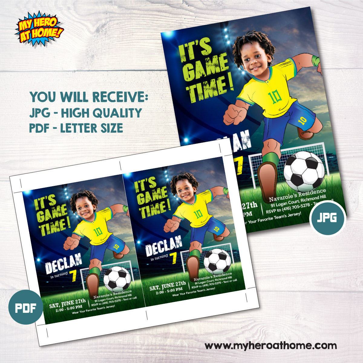 It's Game Time Brazil Soccer Party Invitation with child as the star player. 2459IN3