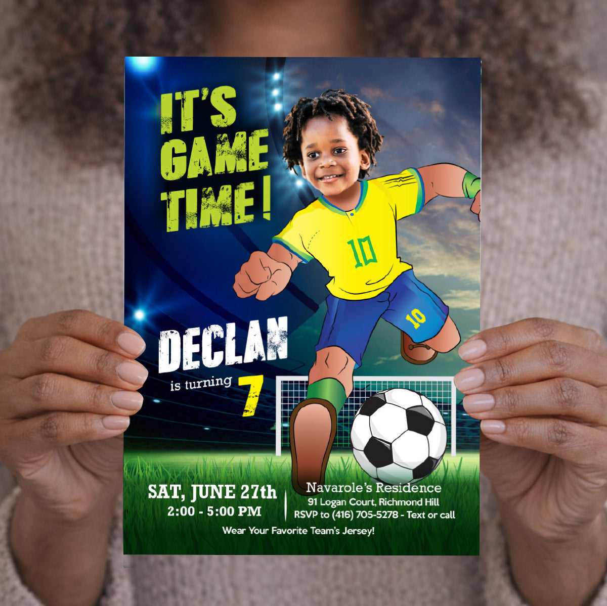 It's Game Time Brazil Soccer Party Invitation with child as the star player. 2459IN3