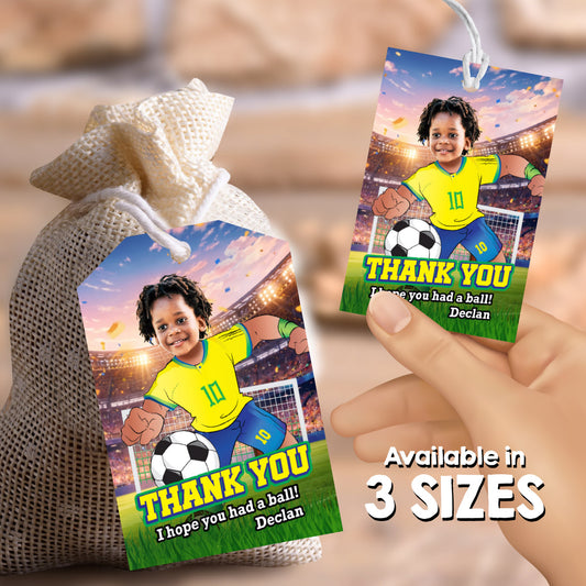 Futbol Brazil thank you with child as the MVP, Soccer Player favors tags. 2459TY1