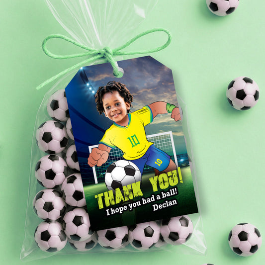 Brazilian Player Soccer thank you and favors tags with birthday kid’s photo. 2459TY2