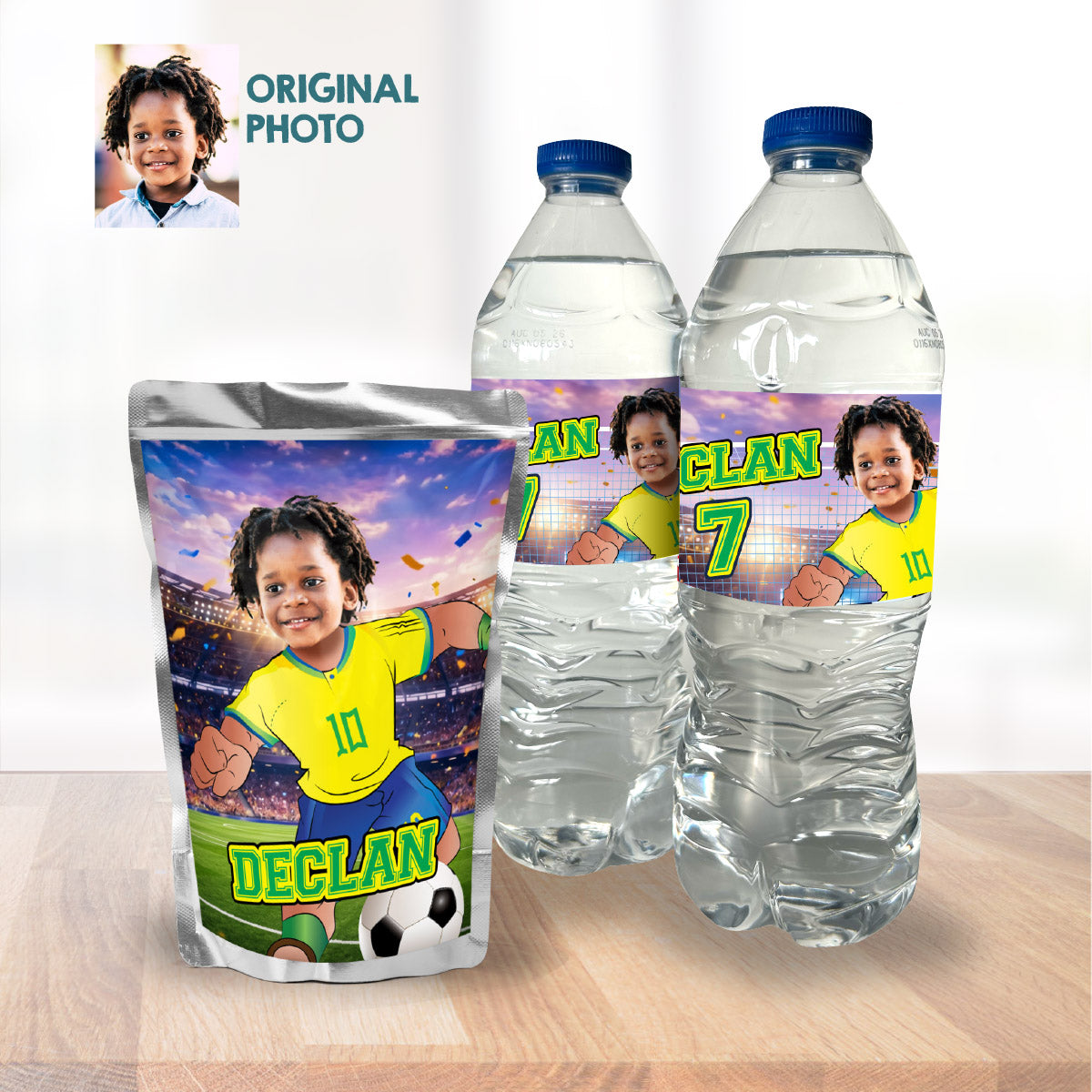 Futbol Brazil Player water wrappers with your photo, Neymar Juice Pouch labels. 2459WJ