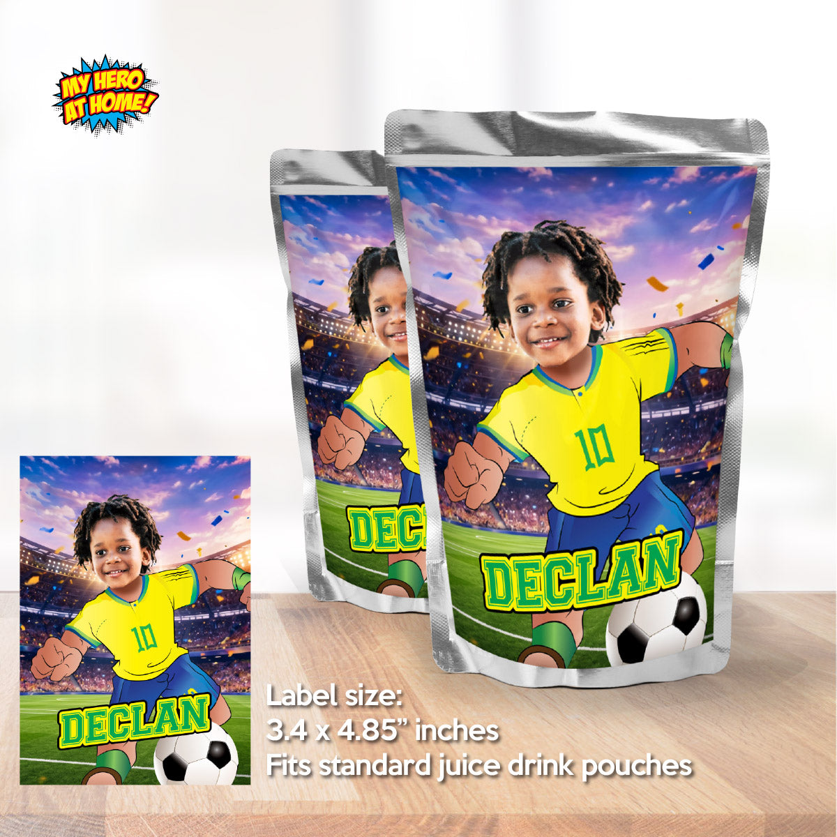 Futbol Brazil Player water wrappers with your photo, Neymar Juice Pouch labels. 2459WJ