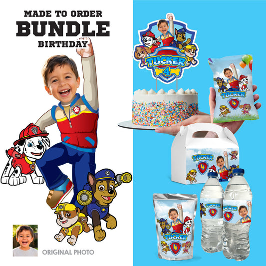 Matching birthday Bundle for a Paw Patrol table Party, cake topper, water, Chips, boxes. 2461B1