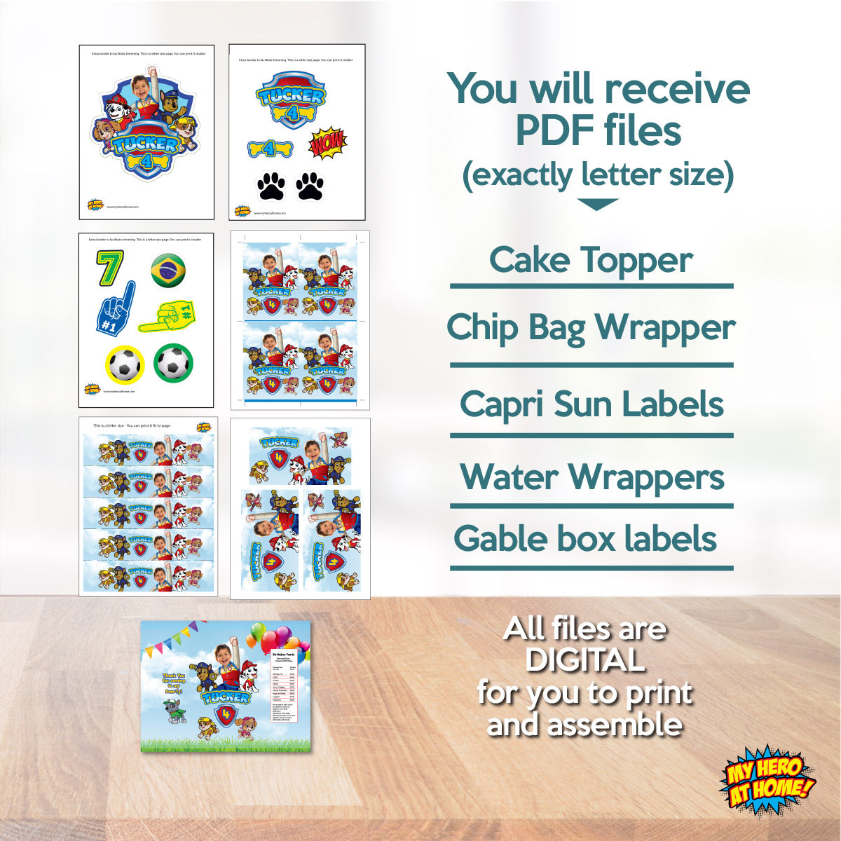 Matching birthday Bundle for a Paw Patrol table Party, cake topper, water, Chips, boxes. 2461B1