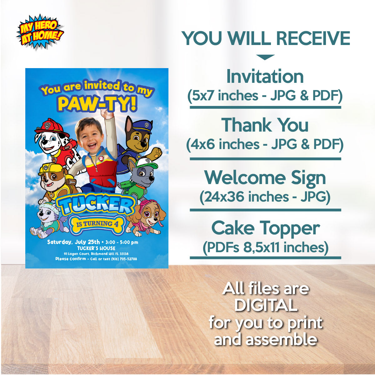 Paw Patrol Themed Birthday Party Bundle Customized with kid as the star. 2461B2