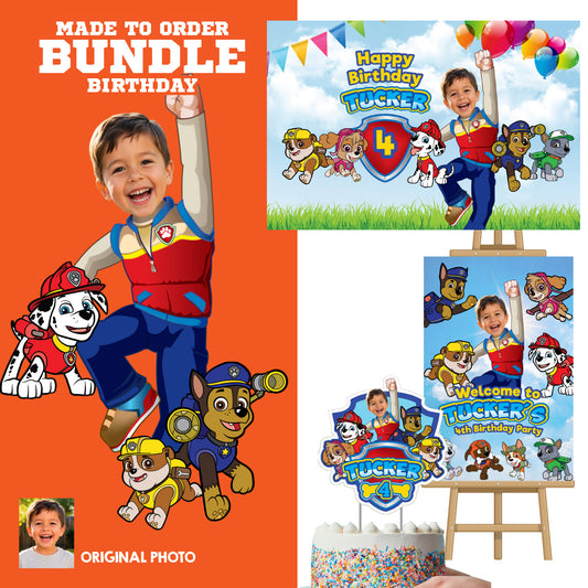 Custom Paw Patrol party Bundle with photo: backdrop, cake topper, welcome sign. 2461B4
