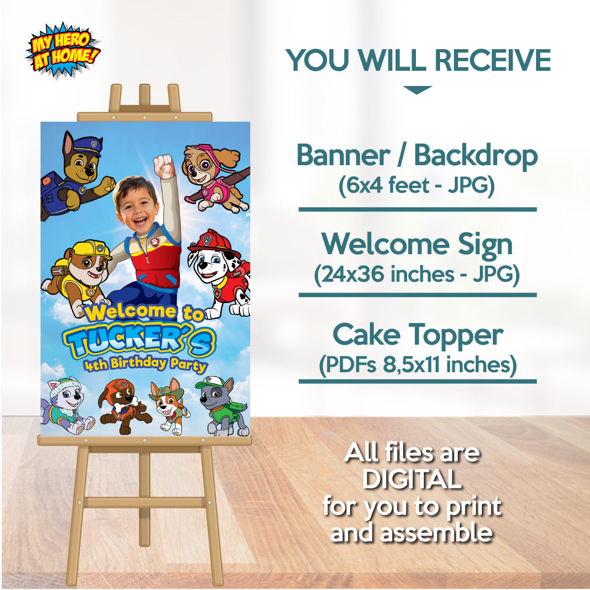 Custom Paw Patrol party Bundle with photo: backdrop, cake topper, welcome sign. 2461B4